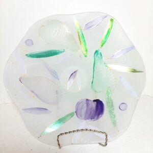Handpainted Satin Abstract Glass Art Consle Bowl with Green and Purple Accents